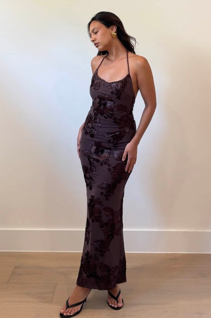 dark brown mesh maxi dress floral satin accents