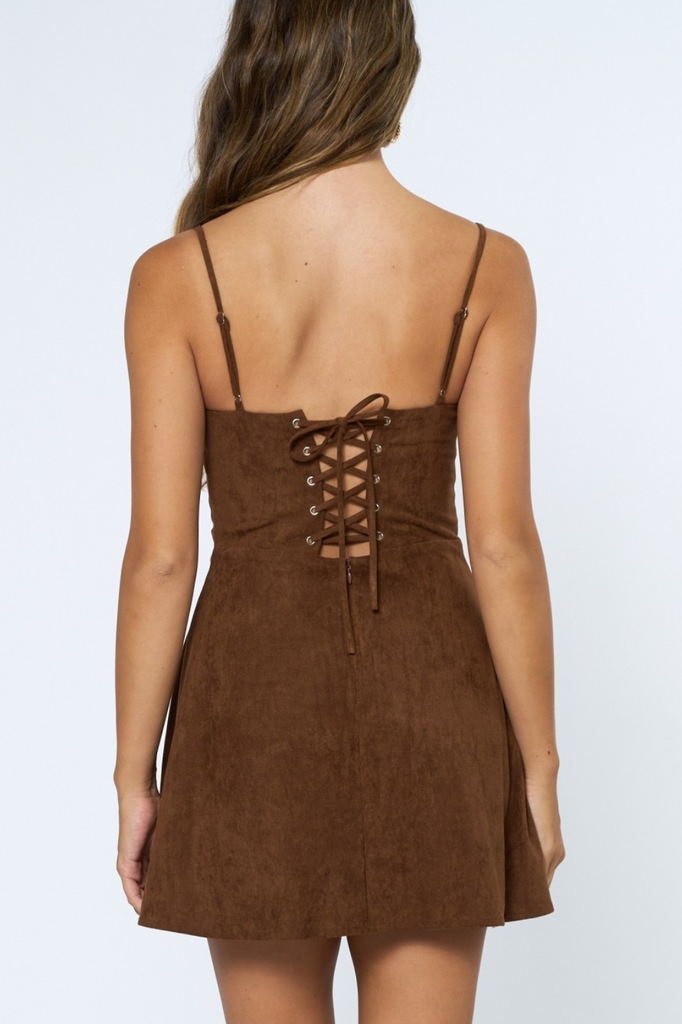 Brown faux suede mini dress with back lace up detail.