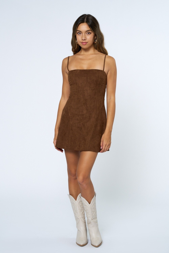 Brown faux suede mini dress with back lace up detail.
