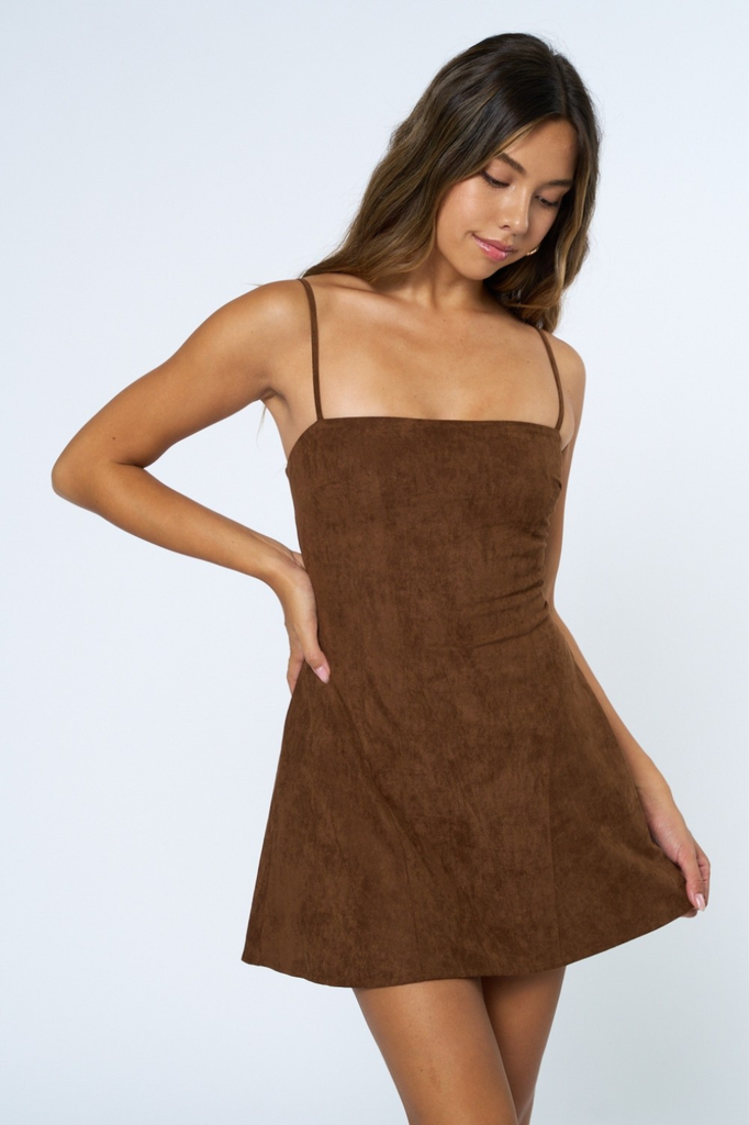 Brown faux suede mini dress with back lace up detail.