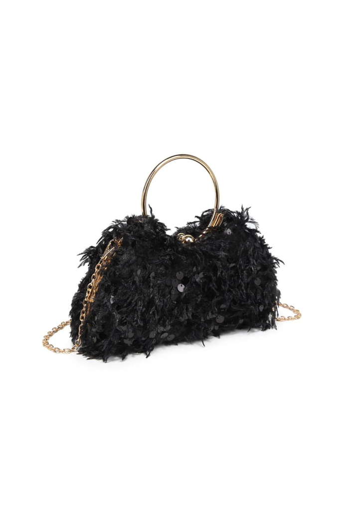Black evening bag adorned with feathers and sequins