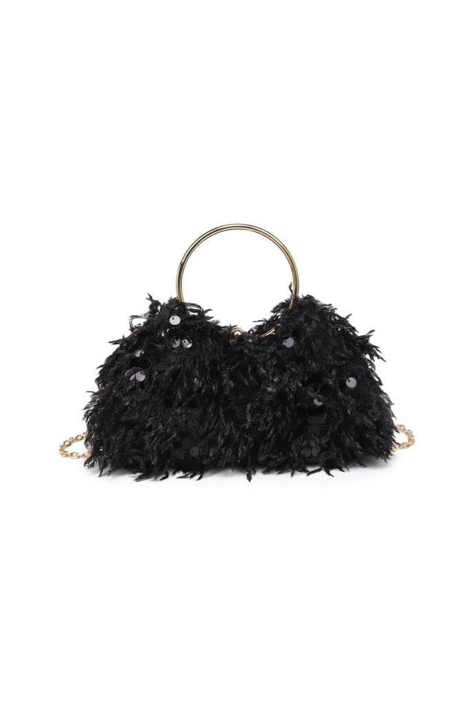 Black evening bag adorned with feathers and sequins