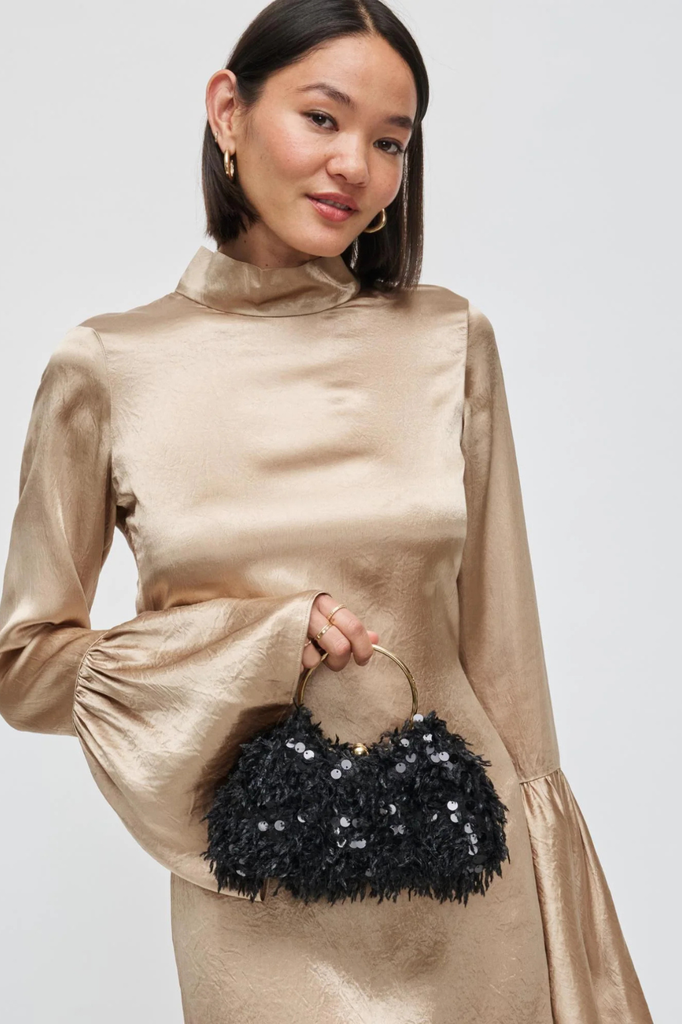 Black evening bag adorned with feathers and sequins