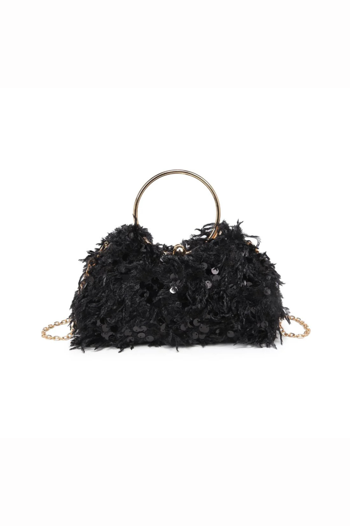 Black evening bag adorned with feathers and sequins