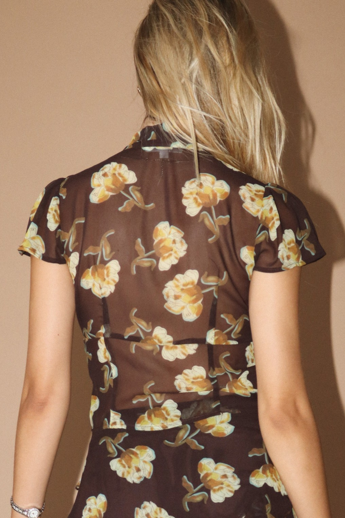 Chocolate brown floral corset style blouse with tie accent at neck