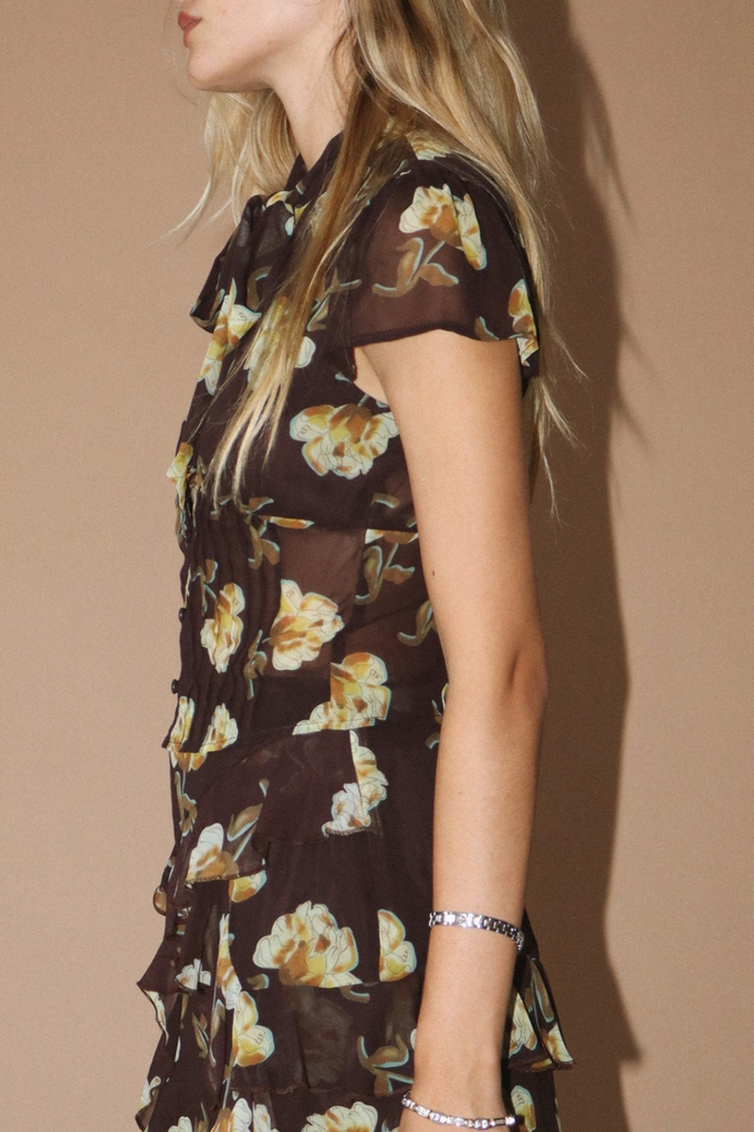 Chocolate brown floral corset style blouse with tie accent at neck