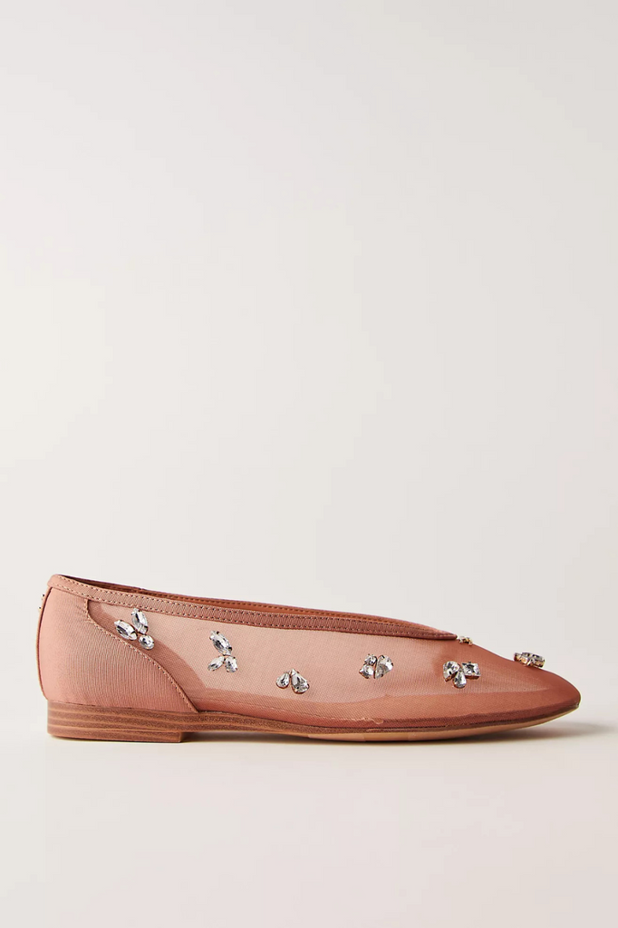 Nude mesh ballet flats with all-over jewel accents