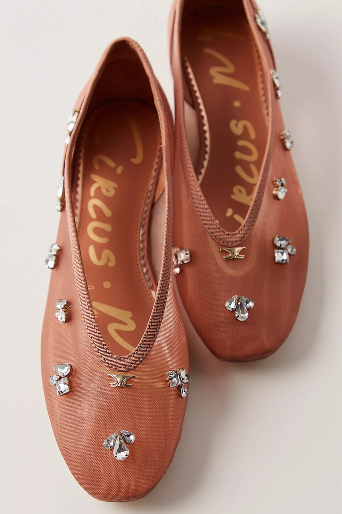 Nude mesh ballet flats with all-over jewel accents