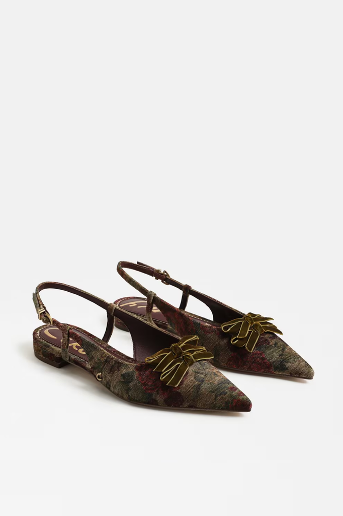 Slingback flats in a floral brocade fabric