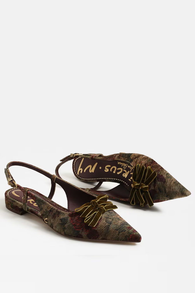 Slingback flats in a floral brocade fabric
