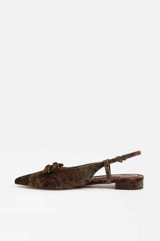 Slingback flats in a floral brocade fabric