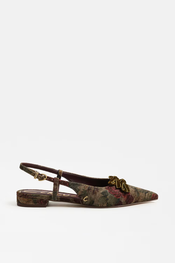 Slingback flats in a floral brocade fabric