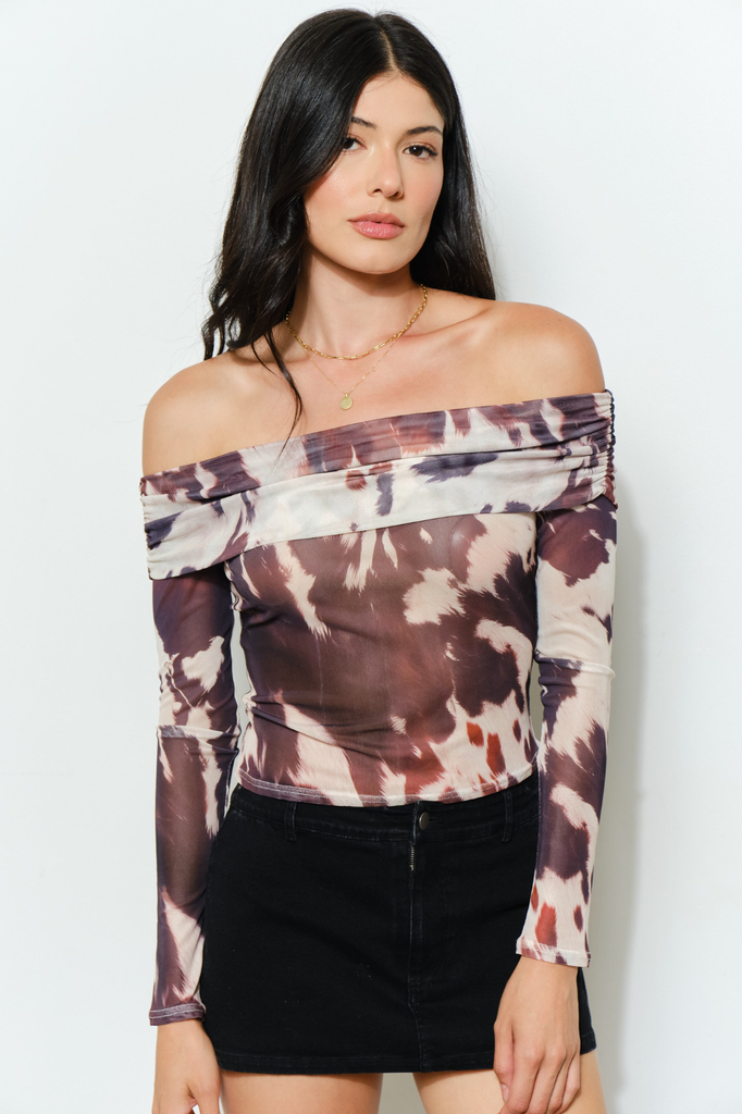 Cowhide print off-the-shoulder mesh long sleeve top