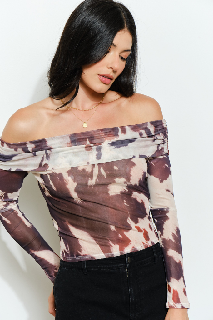 Cowhide print off-the-shoulder mesh long sleeve top