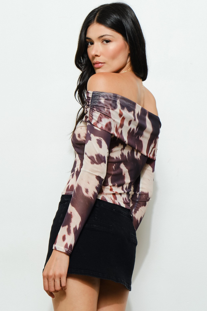 Cowhide print off-the-shoulder mesh long sleeve top