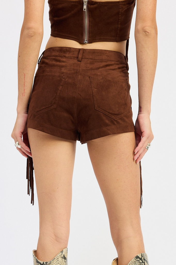 brown faux seude fringed side shorts