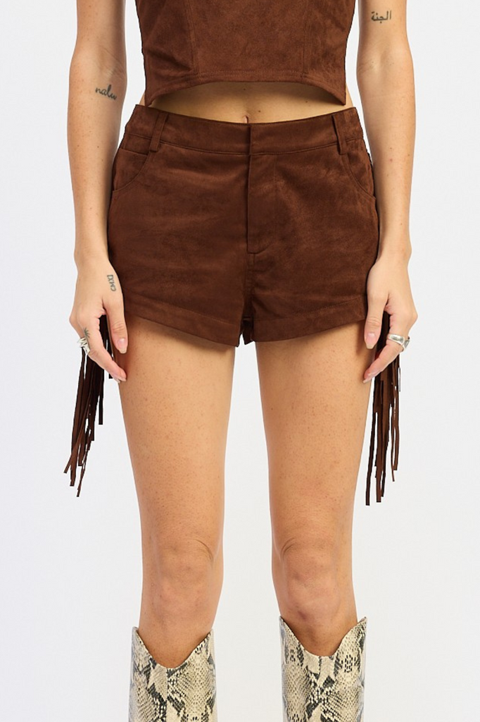 brown faux seude fringed side shorts 