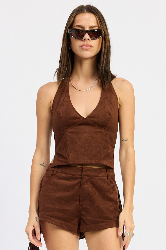 brown suede halter neck faux leather top