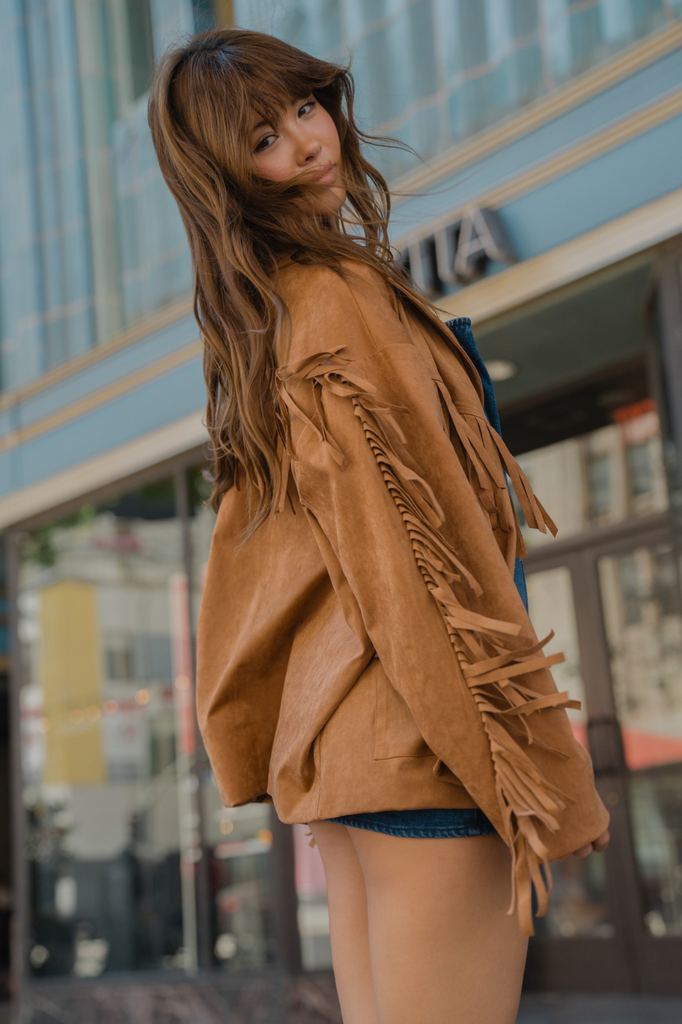 tan fringe faux suede jacket blazer