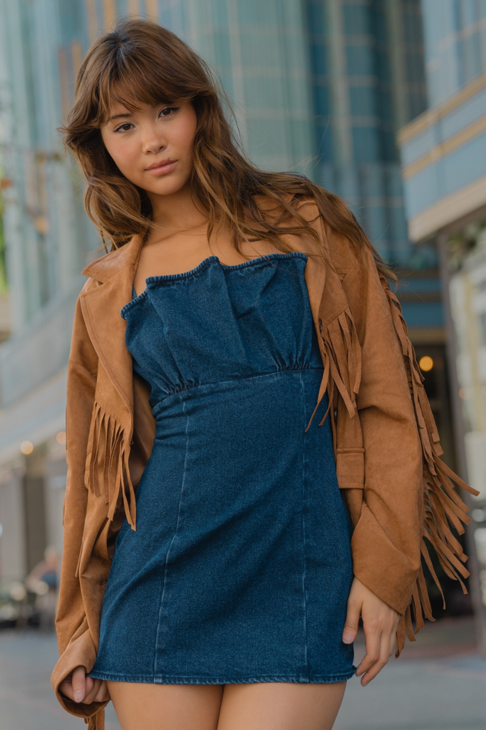 tan fringe faux suede jacket blazer