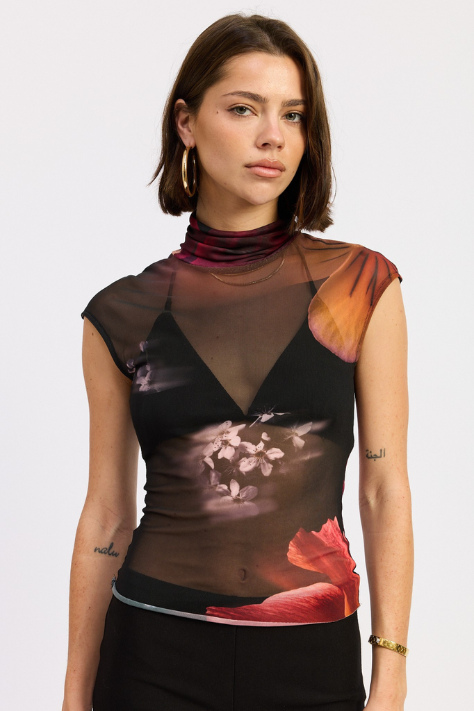 Floral print sleeveless mesh turtleneck top