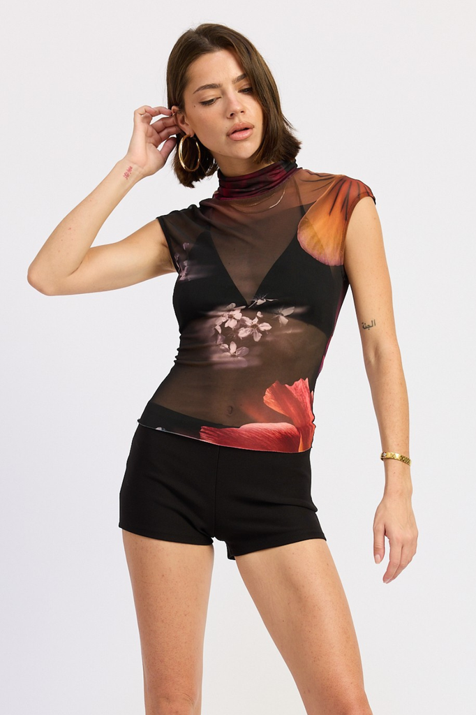 Floral print sleeveless mesh turtleneck top