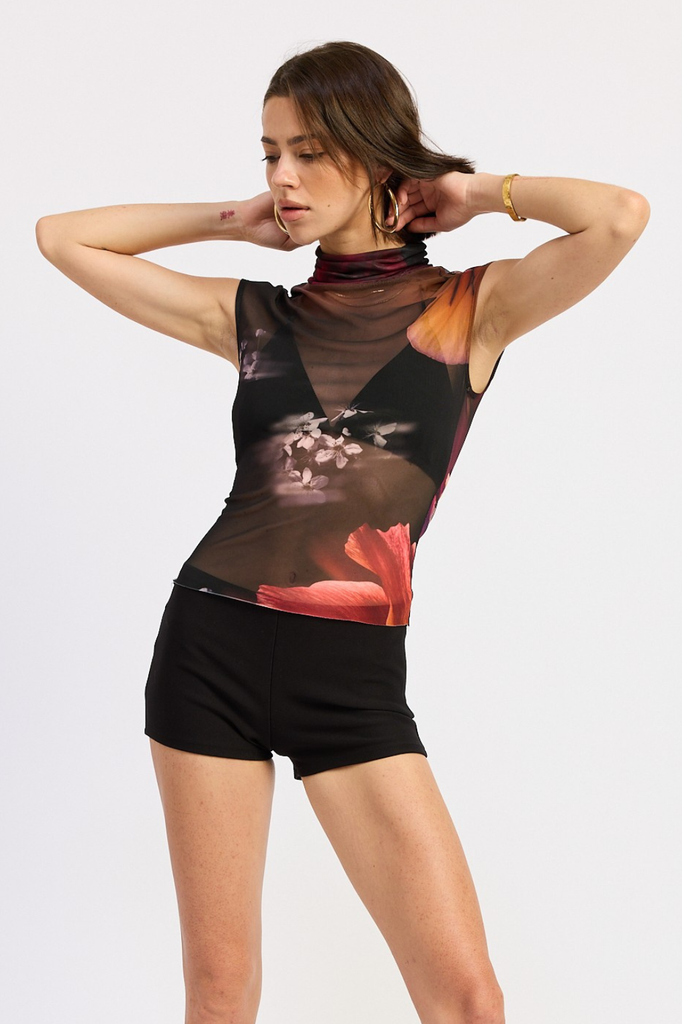 Floral print sleeveless mesh turtleneck top