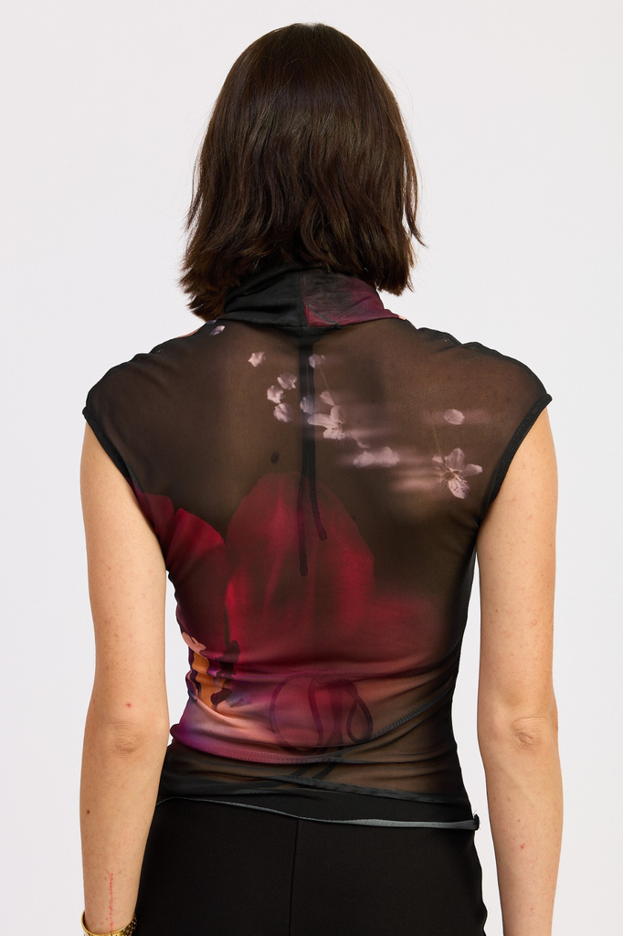 Floral print sleeveless mesh turtleneck top