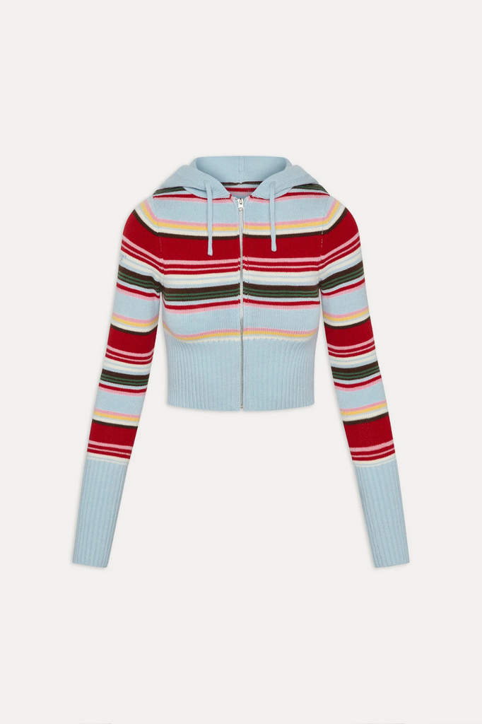striped cropped hooded baby blue zip-up sweater