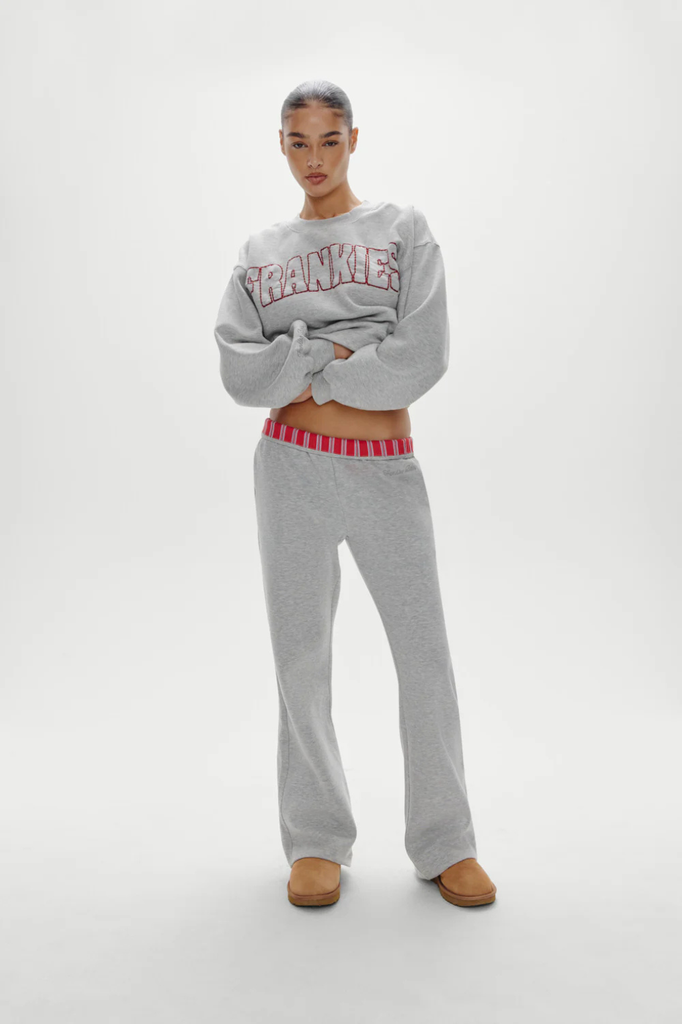 Heather gray low rise embroidered sweatpants with fold over detail