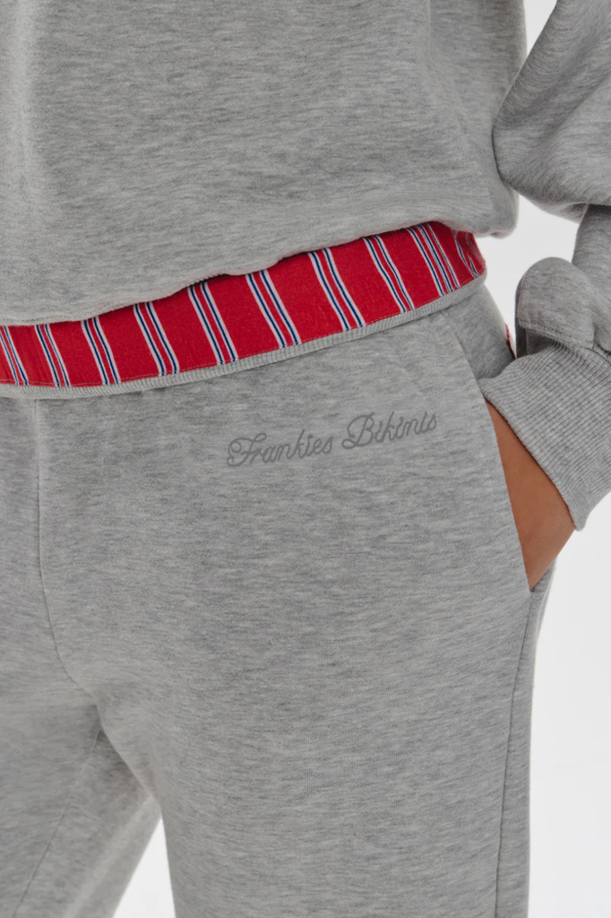 Heather gray low rise embroidered sweatpants with fold over detail
