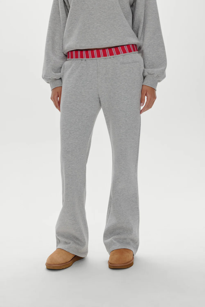 Heather gray low rise embroidered sweatpants with fold over detail
