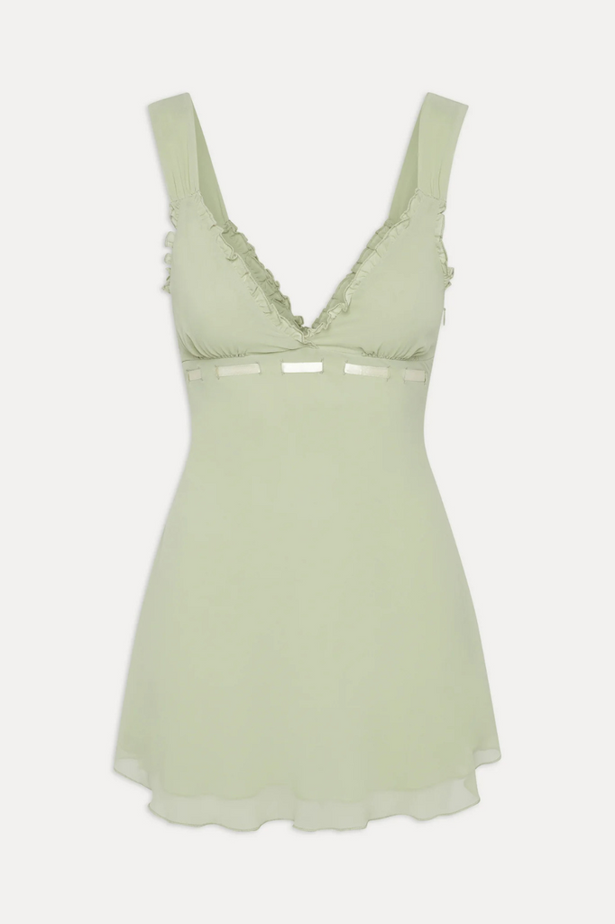 Pale sage green mini dress with ribbon and ruffles