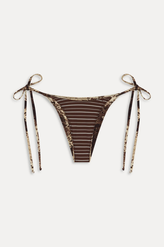Reversible bovine print or brown striped string bikini bottoms
