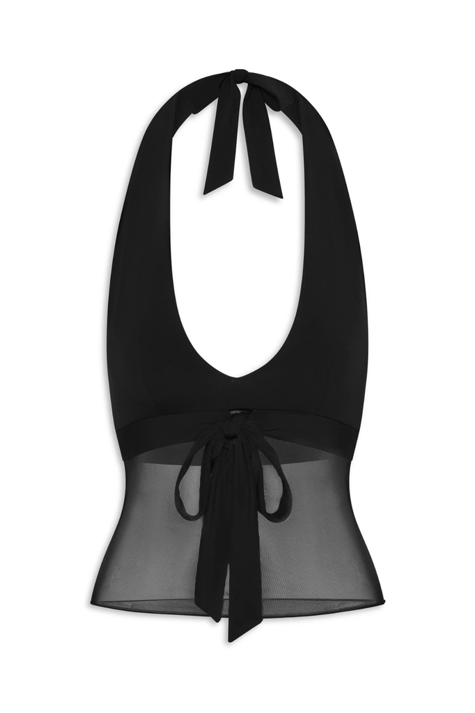 Black knit and mesh halter top