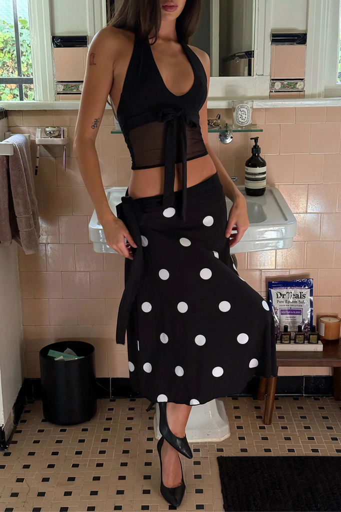Black and white polka dot midi skirt