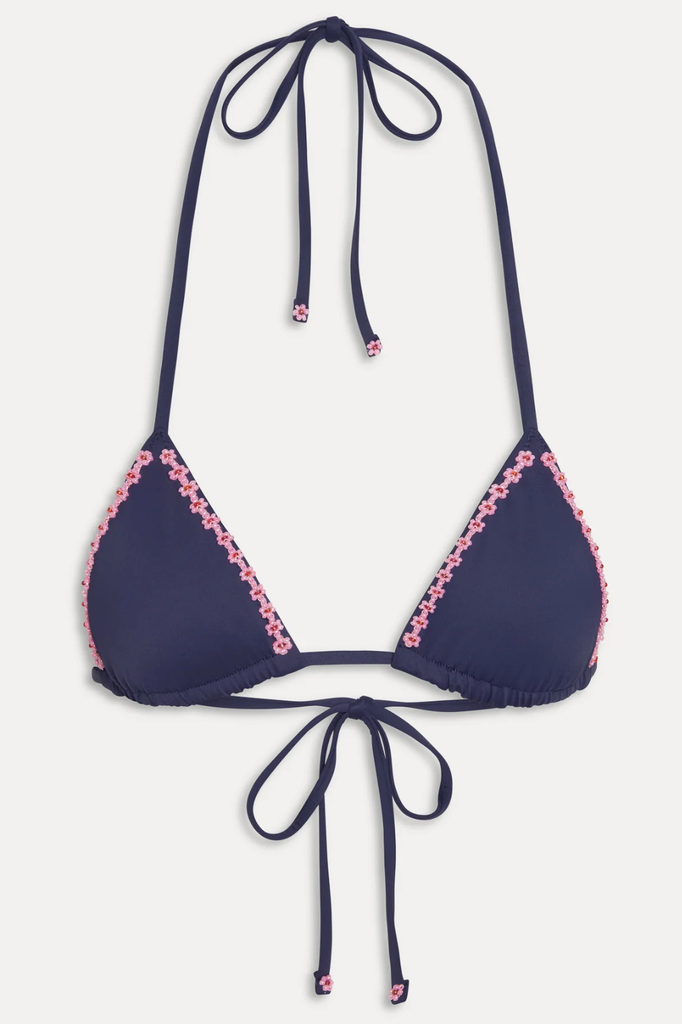 Triangle-style bikini top in a deep blue with contrasting pink floral trim