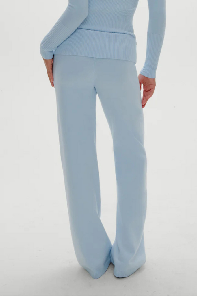 baby blue knit lounge pants with a fold-over waist