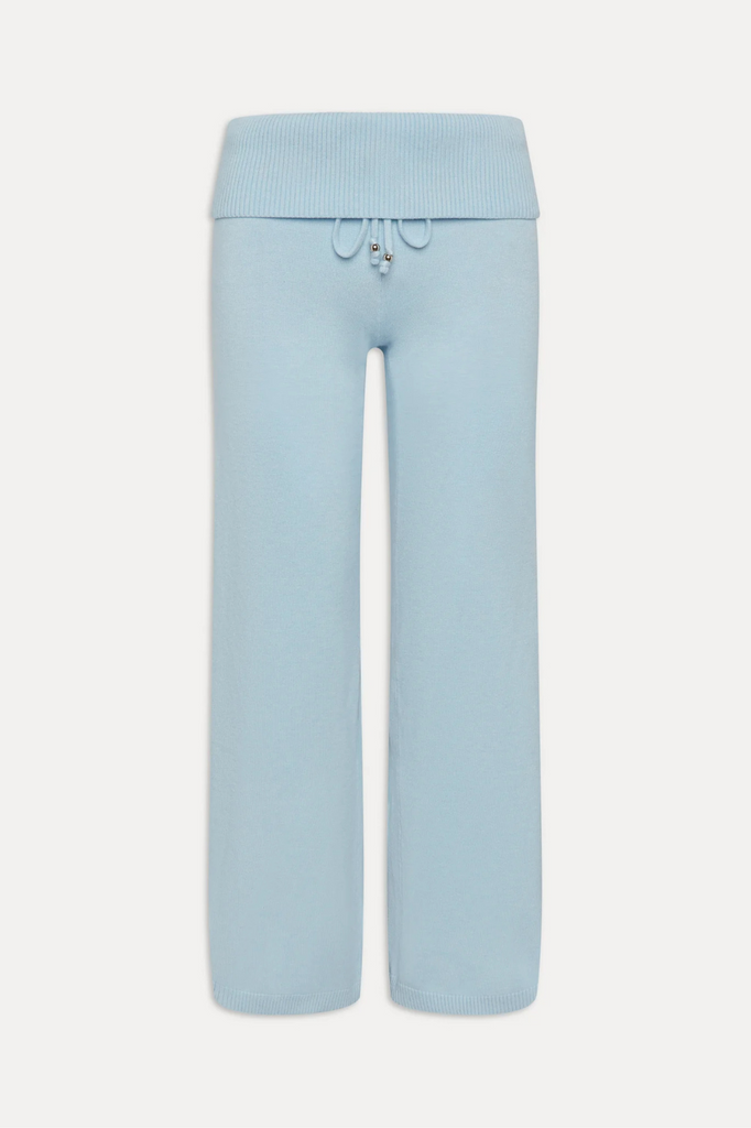 baby blue knit lounge pants with a fold-over waist