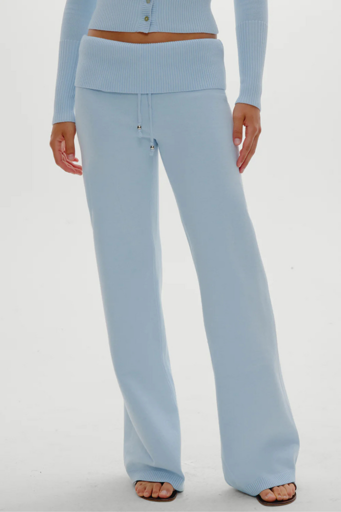 baby blue knit lounge pants with a fold-over waist