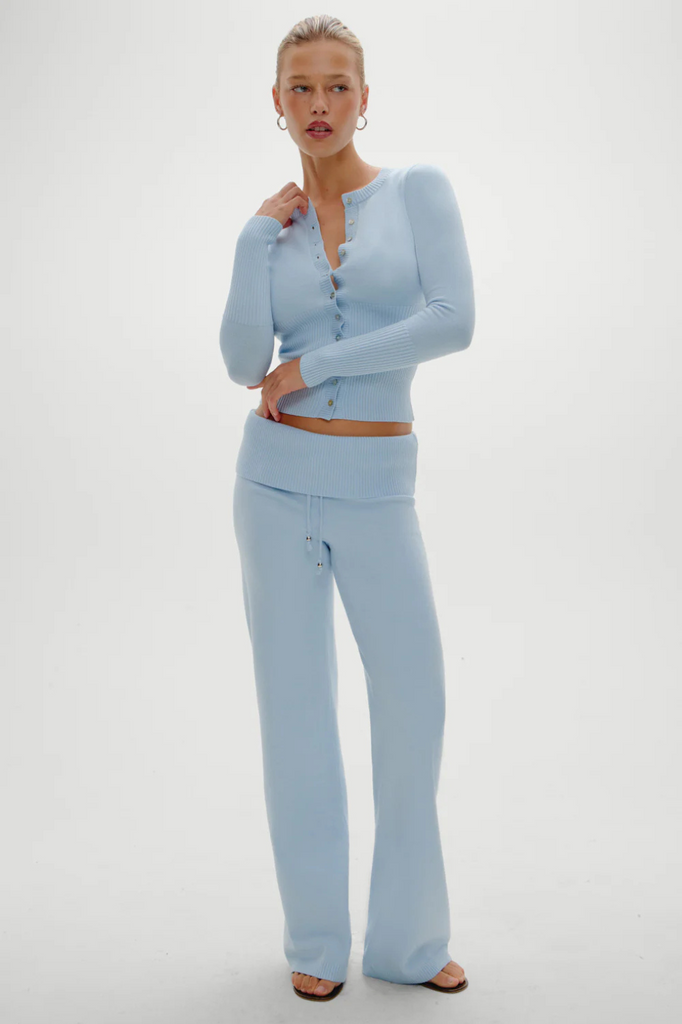 baby blue knit lounge pants with a fold-over waist