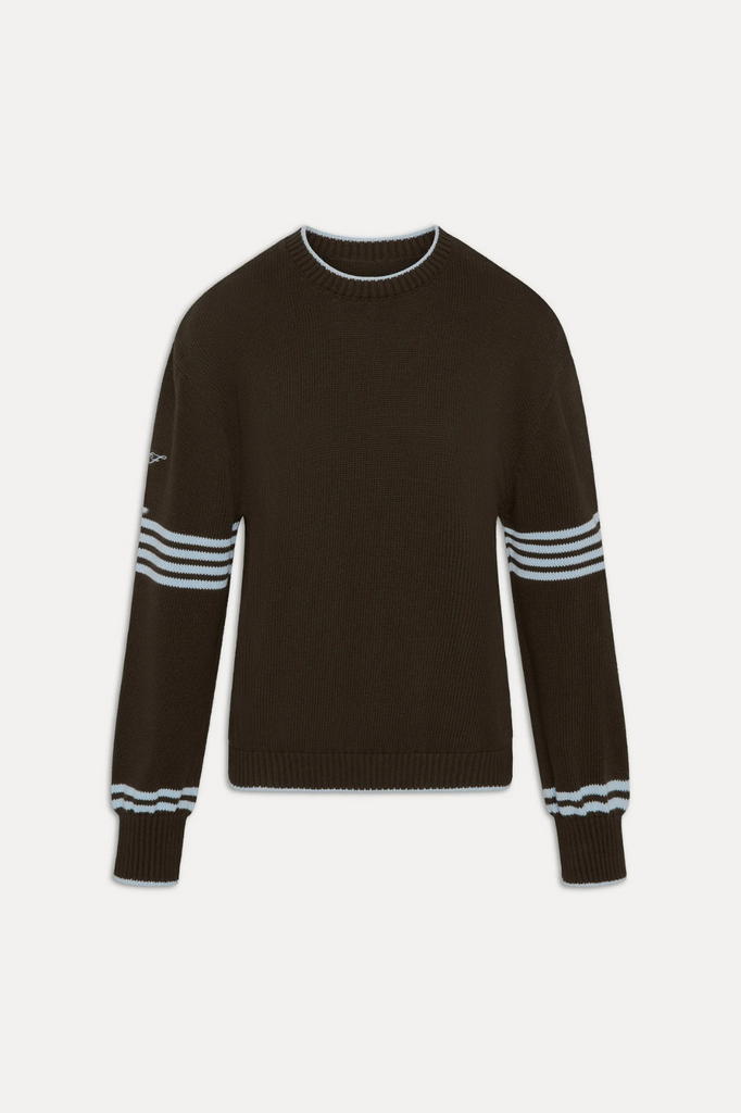 chocolate brown cotton knit sweater with baby blue accents