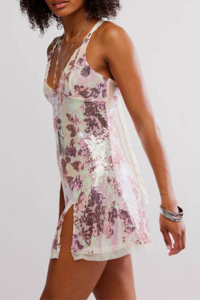 Pink jacquard sequin mini slip dress