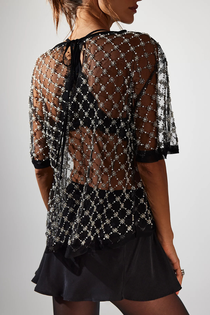 boxy black mesh knit tee with beaded embellishments