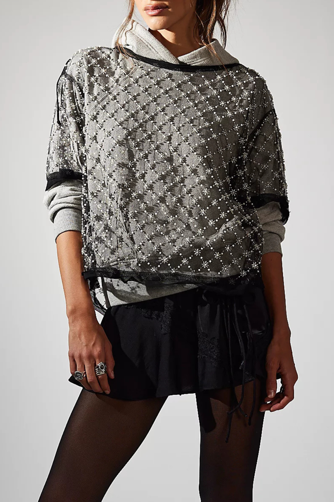 boxy black mesh knit tee with beaded embellishments