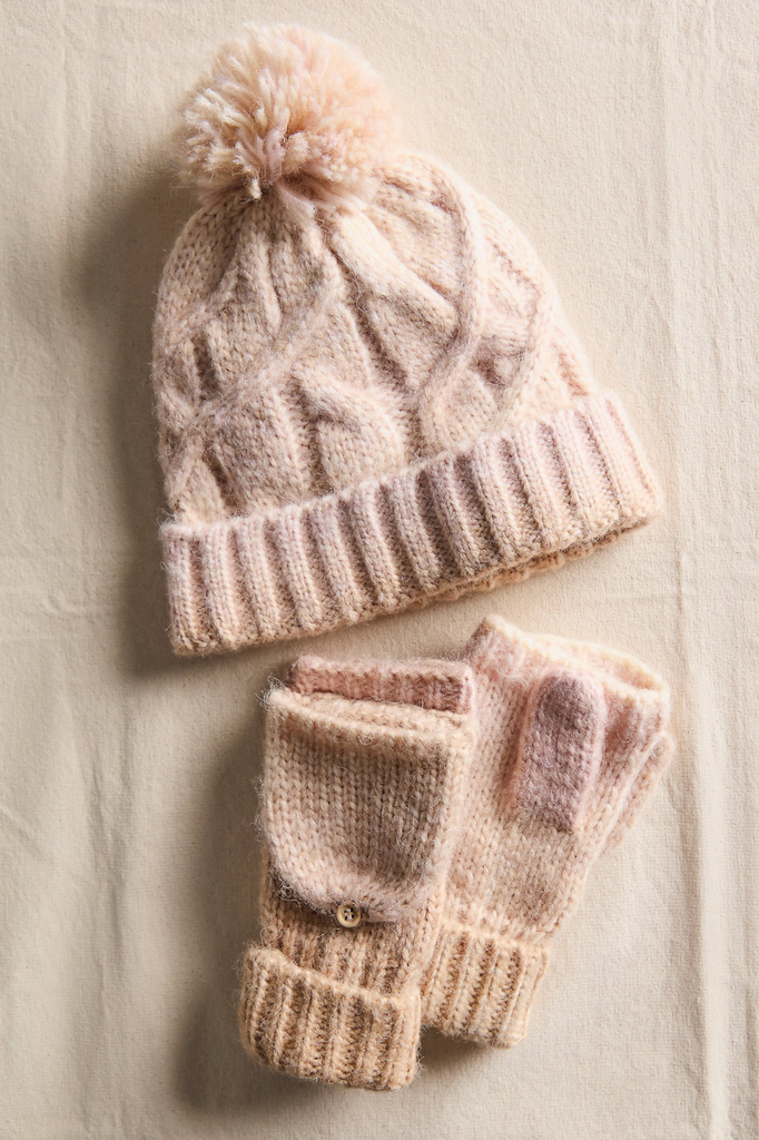 Chunky knit beanie and glove set ivory pink blush combo