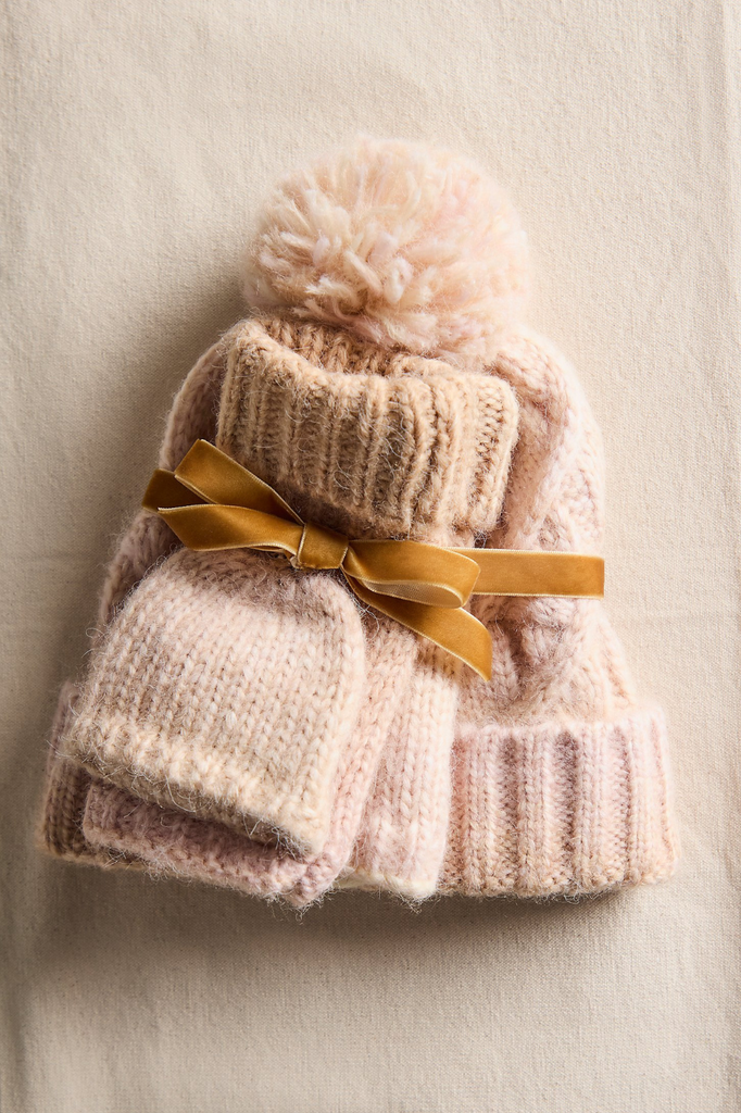 Chunky knit beanie and glove set ivory pink blush combo