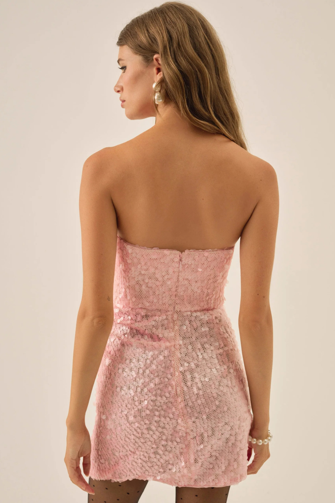 Festive strapless sequined mini dress with a draped cowl neckline