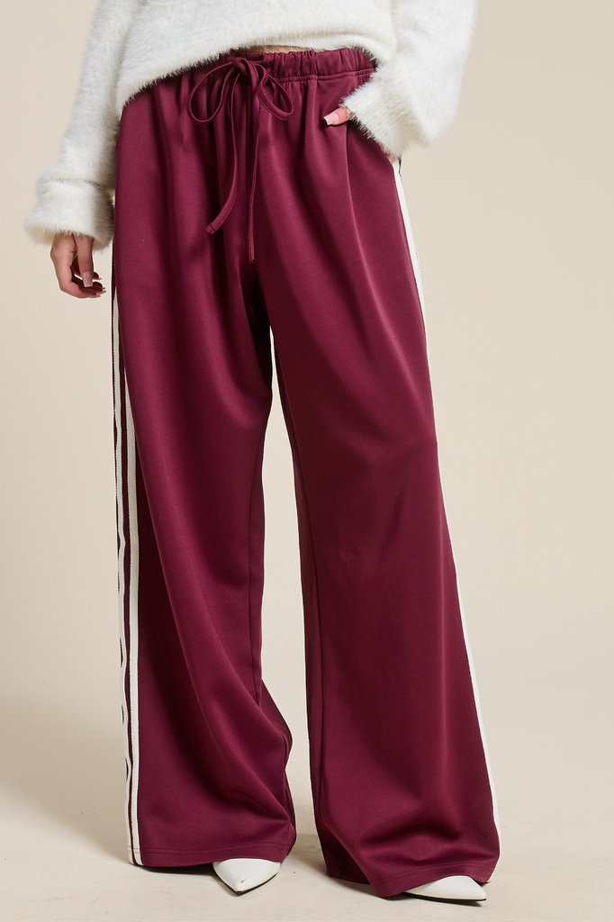 maroon wide leg drawstring track pants 