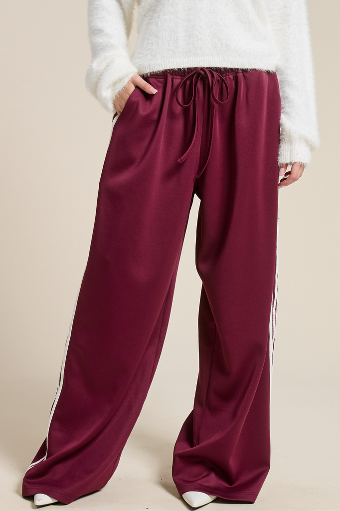 maroon wide leg drawstring track pants 